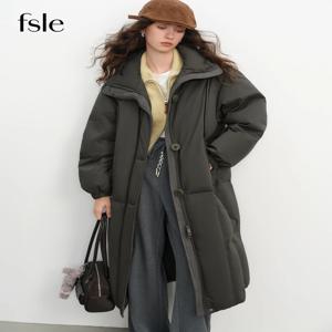 FSLE 겨울 여성용 중간 길이 패딩 다운코트 스탠드 칼라 한국 스타일 루즈핏 다운 재킷 따뜻하고 부드러운 외투
