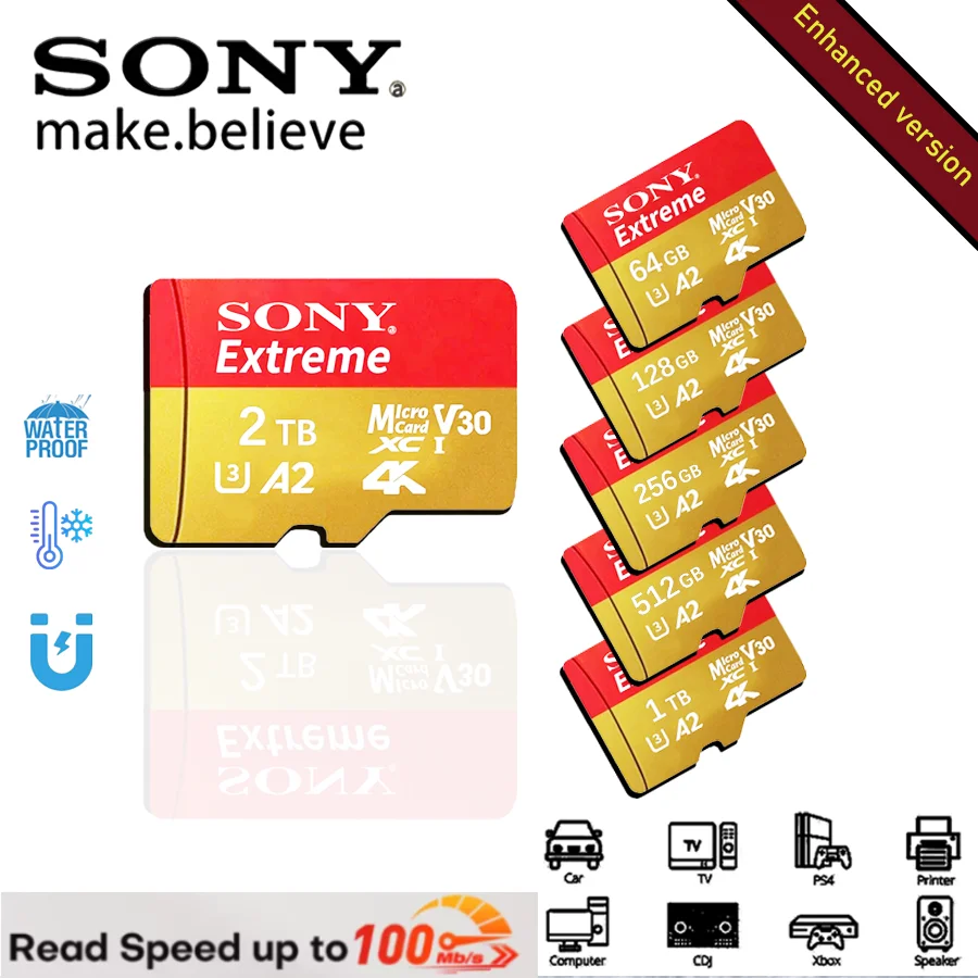 SONY 메모리 카드 클래스 10 마이크로 SD 2TB 1TB 512GB 256GB 128GB 64GB 플래시 카드 미니 SD TF 카드 리더 포함 디지털 저장용