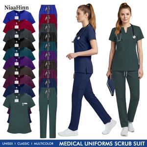 니아힌 치과 의사 의료 유니폼 의사 간호사 스크럽 상의+하의 여성 단색 동물병원 수의사 작업복 수술복