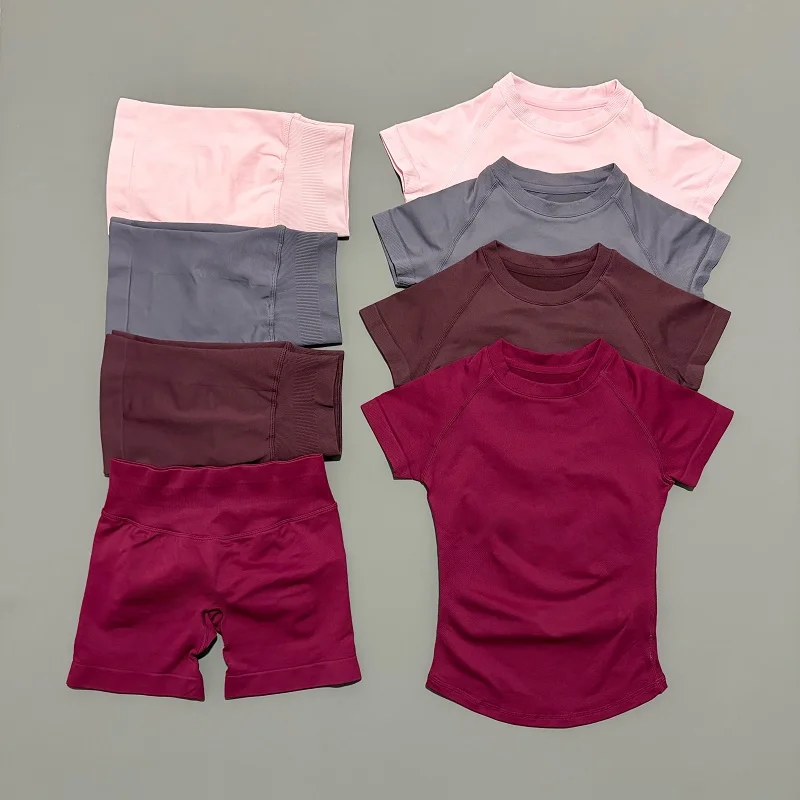 2피스 임팩트 스포츠 세트 반팔 심리스 요가탑 피트니스 세트 여성 운동 러닝 스포츠 반바지 짐 슈트