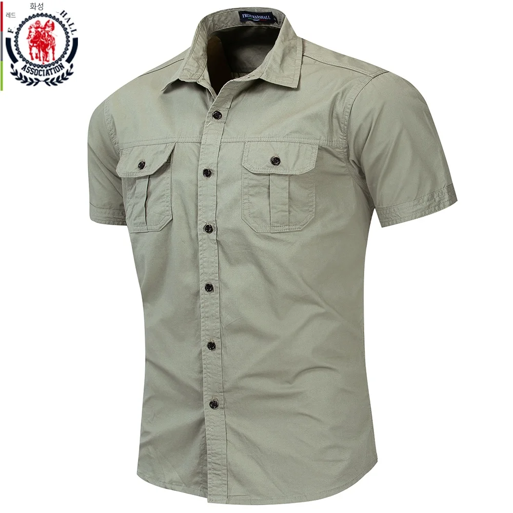 Fredd Marshall New Mens 밀리터리 셔츠 남성 반팔 카고 셔츠 100% 코튼 캐주얼 솔리드 셔츠 남성 포켓 워크 셔츠 55889