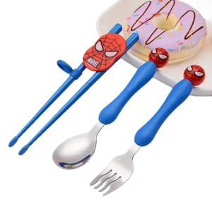 새로운 마블 스파이더 맨 애니메이션 만화 학생 실리콘 핸들 스푼 스테인레스 스틸 포크 연습 젓가락 어린이 식기