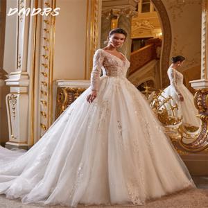 결혼식 파티용 매력적인 신부 가운, 매력적인 긴 소매 웨딩 원피스, 매력적인 브이넥 신부 원피스, 2025