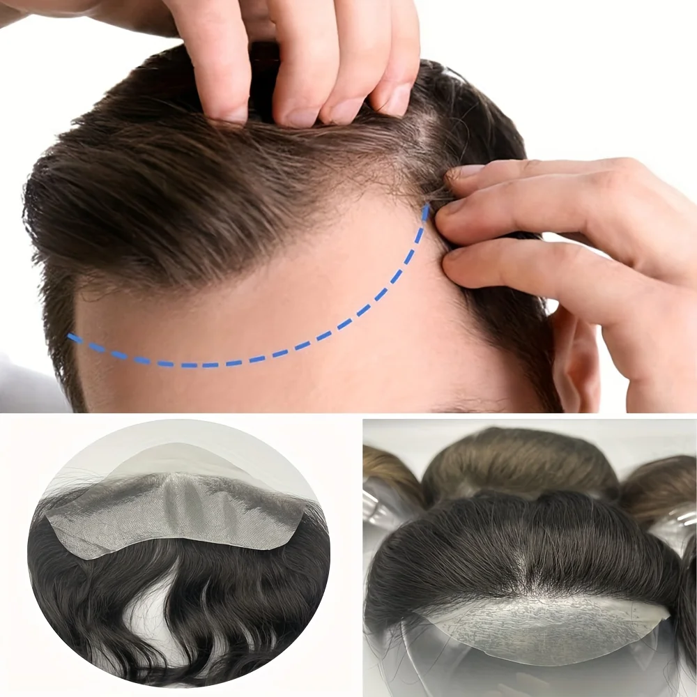 Hotsale 100% 인간의 머리카락 조각 남자 토퍼 V 루프 슈퍼 얇은 피부 PU 전선 이마 시스템 Toupee 패치 가발 남성용