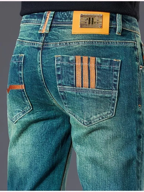 우아한 스트레이트 레그 남성 청바지 에메랄드 그린 고급 명품 브랜드 버클 캐주얼 웨어 내구성 방오 미드 웨이스트