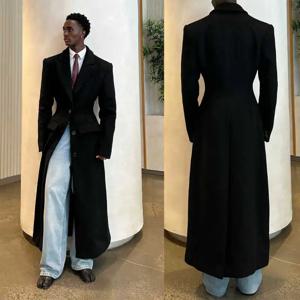클래식 남성 롱 울 블렌드 오버코트 1피스 슬림핏 피크드 라펠 싱글 브레스티드 코트 포멀 비즈니스 웨딩 맞춤형