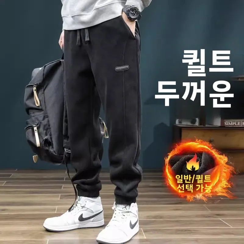 남성 캐주얼 기모 안감 루즈핏 스포티 가을 겨울 코듀로이 팬츠 밴딩 허리 밴드 발목까지 오는 바지