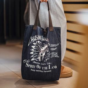 마덴 여성 빈티지 데님 토트백 대형 캐주얼 숄더 핸드백 인디언 토템 프린트 토글 워시드 블루 데일리 캐리백
