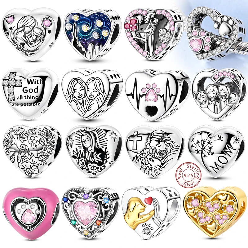 새로운 사랑 하트 모양 참 925 스털링 실버 가족 사랑 우정 참 오리지널 팔찌 뱅글 여성 쥬얼리 선물