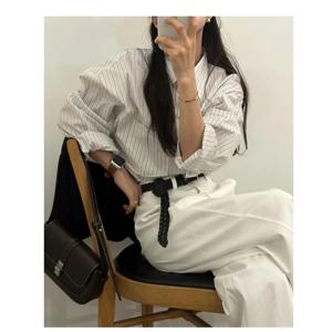 시크한 초가을 캐주얼 스트라이프 여성 긴팔 셔츠 루즈핏 면 00% 비즈니스 캐주얼 스타일