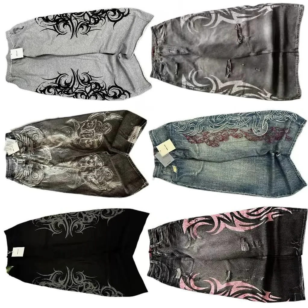 Y2K 패션 패턴 자수 배기 청바지 남녀 공용 하이 스트리트 빈티지 힙합 캐주얼 커플 고품질 와이드 레그 팬츠