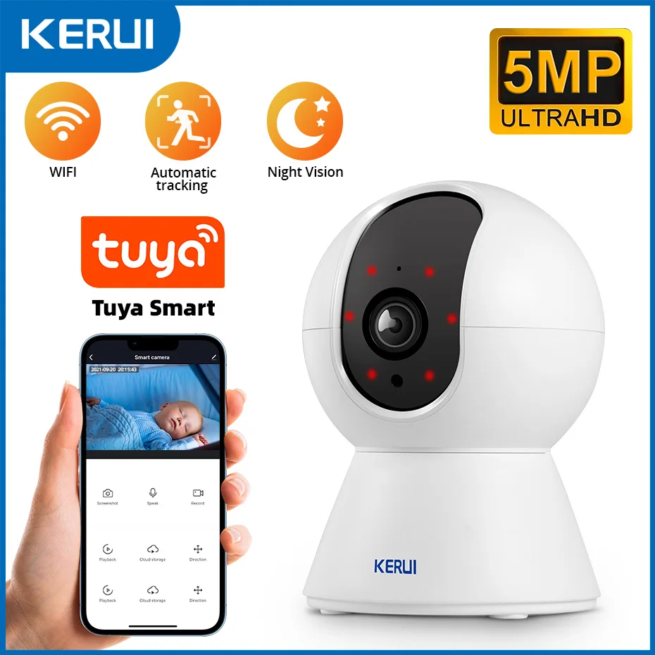 KERUI 투야 스마트 미니 와이파이 IP 카메라, 실내 무선 홈 보안, AI 인간 감지, CCTV 감시 카메라, 베이비 모니터, 5MP
