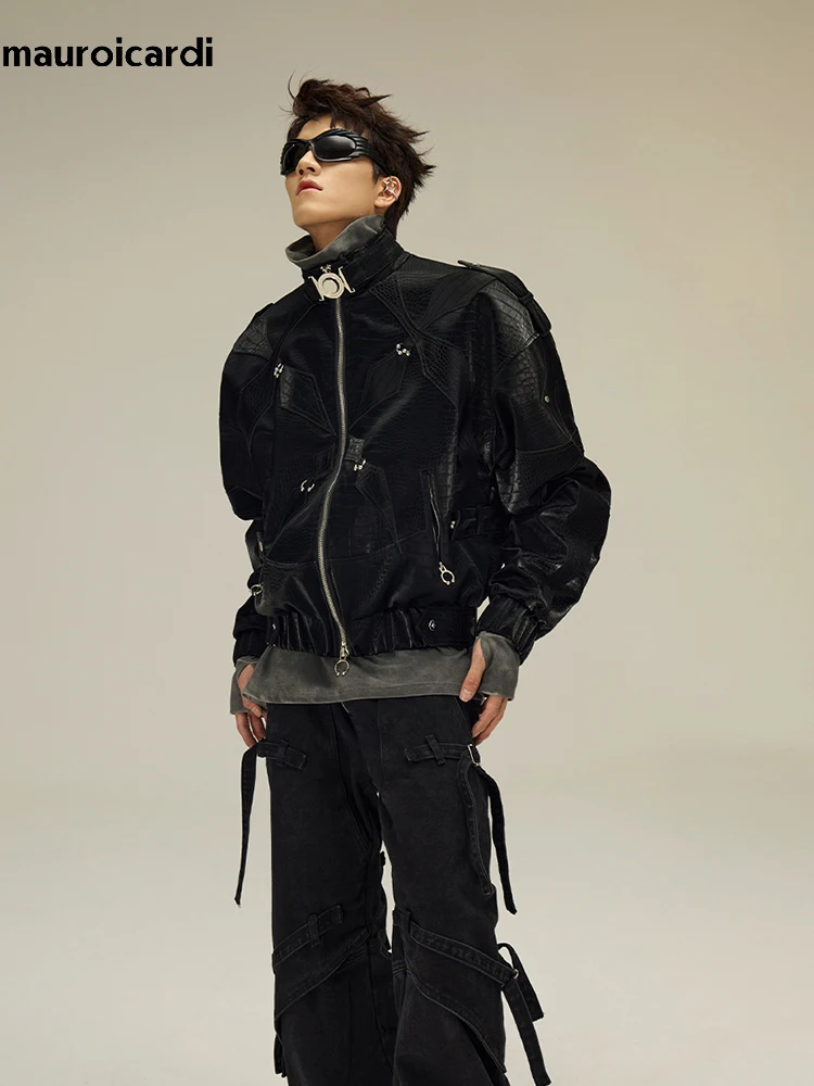 Mauroicardi 봄 가을 멋진 짧은 반짝 이는 검은 악어 인쇄 Pu 가죽 자켓 남자 럭셔리 디자이너 Y2K streetwear 의류