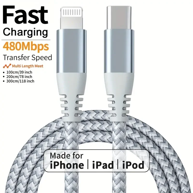 1PC 2PCS MFi 인증 고속 케이블 내구성 나일론 편조 코드 USB C - 라이트닝 케이블 아이폰 14 13 12 11용 고속 충전 데이터 케이블