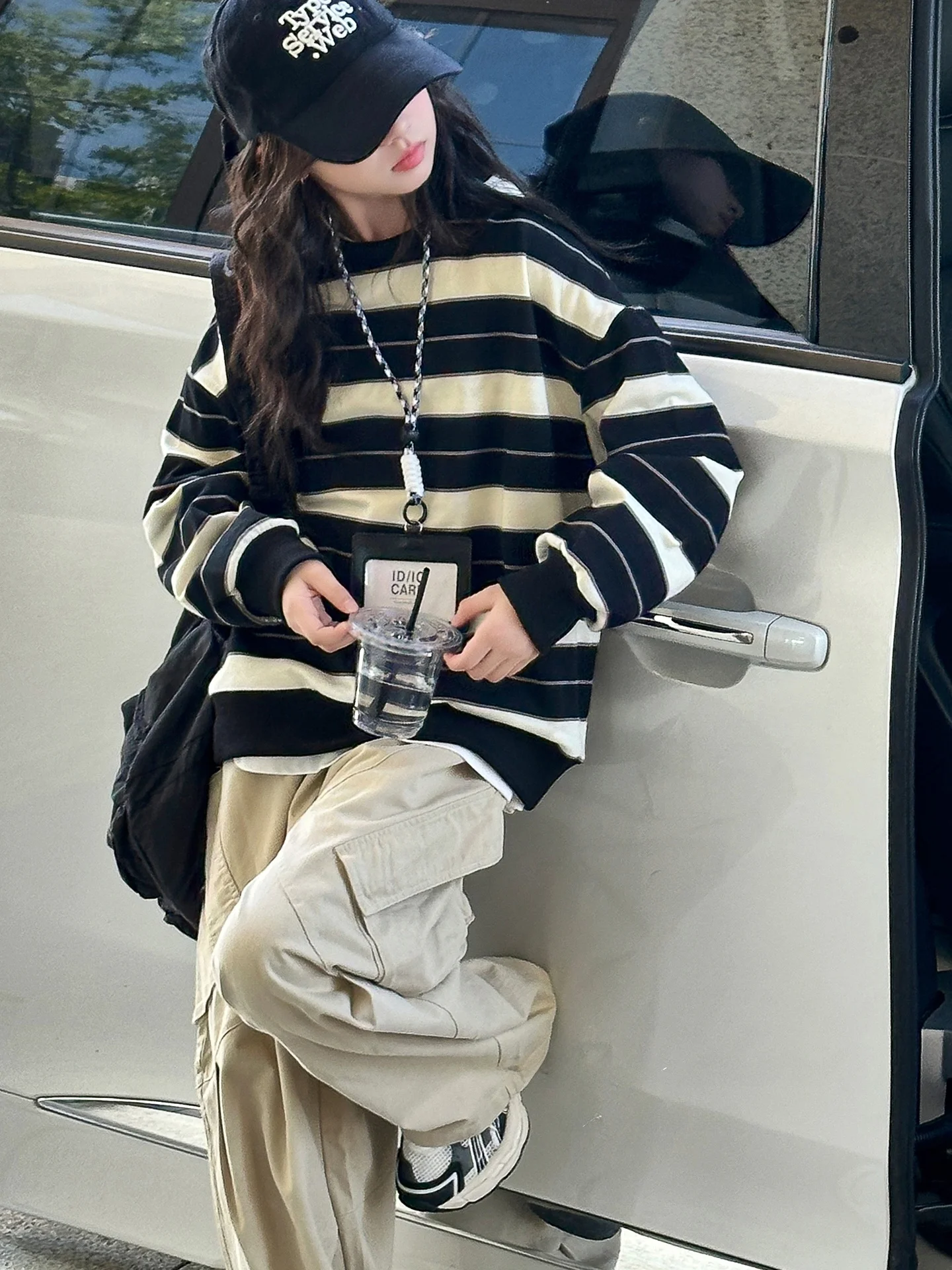 여학생 가을 패션 스트라이프 스웨트셔츠와 작업 바지 투피스 세트 한국 스타일 중학생 캐주얼 의류
