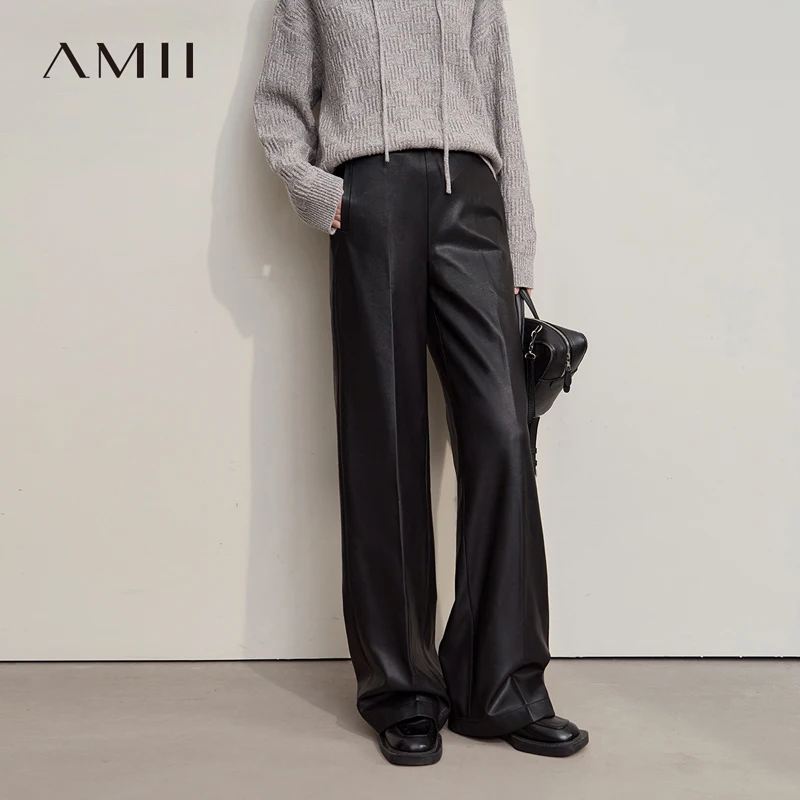 AMII 여성용 바지 2025 겨울 신상 미니멀리스트 통근 PU 가죽 루즈핏 와이드 팬츠 캐주얼 오피스룩 여성 바지 12524063