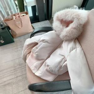미국산 숏 겨울 다운 코튼 재킷 여성용 코트 따뜻한 털 칼라 후드 달린 핑크 지퍼