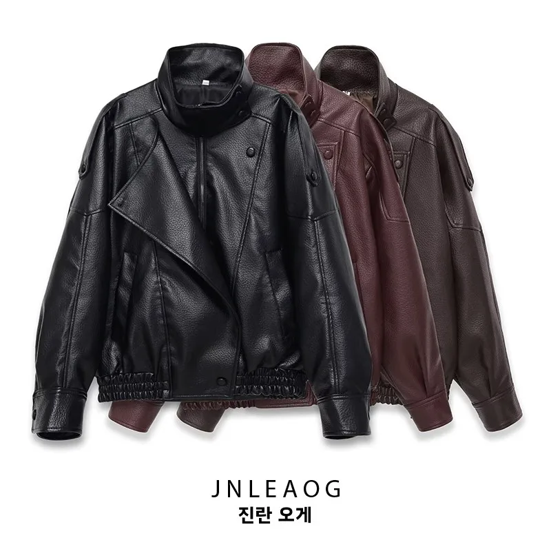 여성용 가을 신상 패셔너블 롱 슬리브 스탠드 칼라 워크웨어 가죽 자켓, 다용도 출퇴근 스타일, 폴리에스터 섬유