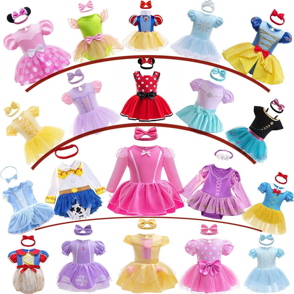 3-18 개월 유아 소녀 드레스 머리띠 Romper 아기 엘사 미키 귀여운 점프 슈트 공주 의상 유아 소피아 보라색 Frocks