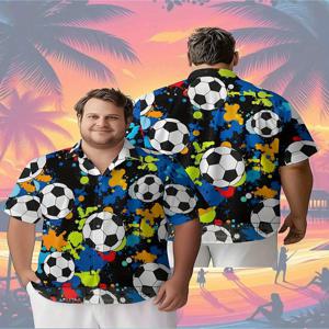 남성용 플러스 사이즈 하와이안 셔츠 흑백 축구 및 다채로운 잉크 스플래시 배경 패턴, 헐렁한 셔츠, 여름 옷