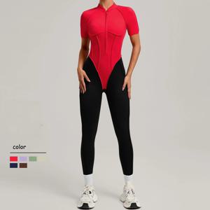 신상 지퍼 나일론 고탄력 내장 브라 피트니스 점프수트 반팔 패널 컬러 운동 요가 바디수트 여성용 백리스