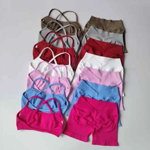 심리스 요가 반바지 세트 여성용 피트니스 타이트 브라탑 베스트 짐 세트 탄력있는 힙업 짐 반바지 스포츠 2피스 운동복