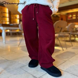 스트림걸 스프링 블루 여성용 와이드 레그 루즈핏 스포츠 드로스트링 트라우저 코튼 레드 배기 팬츠 하이웨이스트