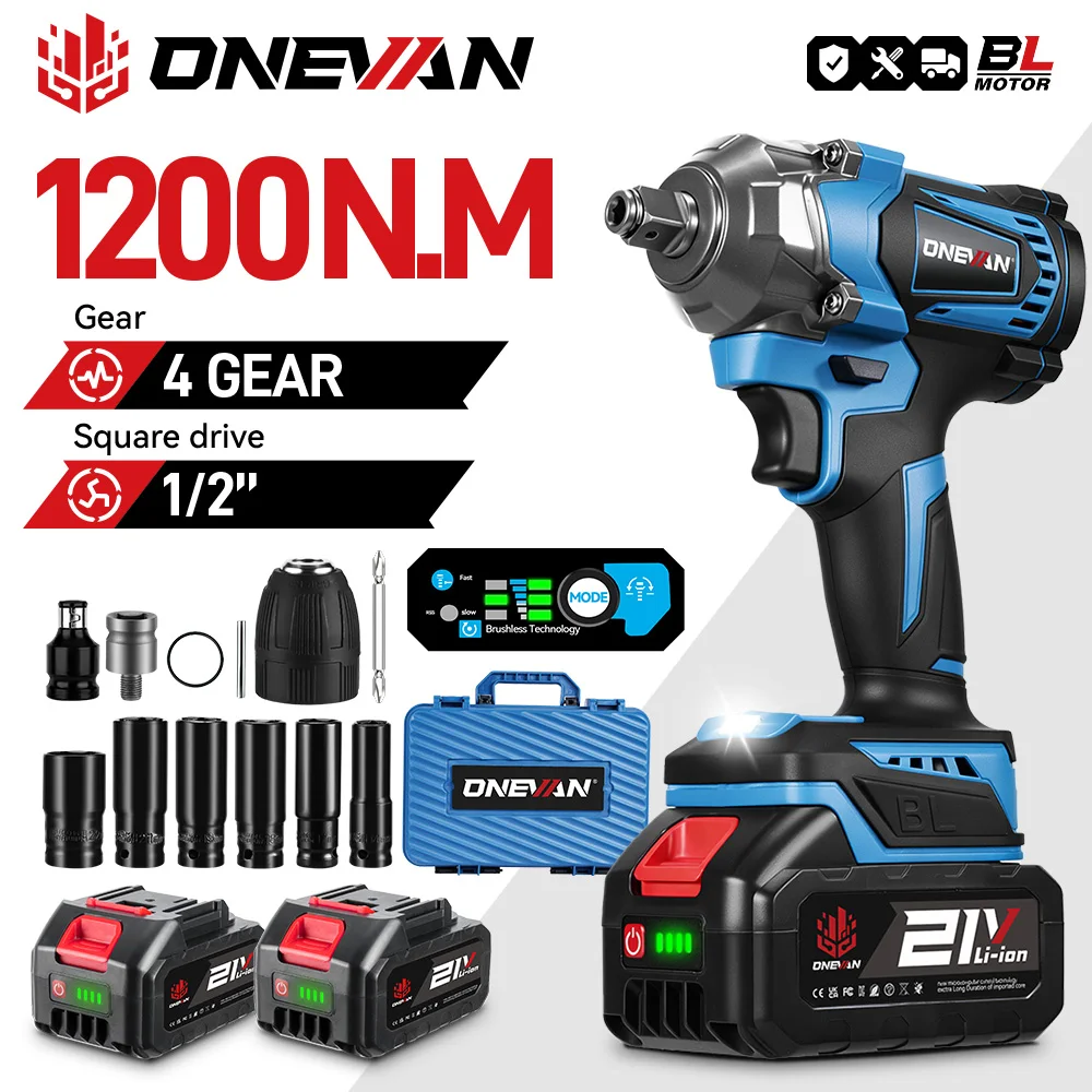 ONEVAN 1200N.M 브러시리스 전기 임팩트 렌치 1/2인치 무선 토크 렌치 스크루드라이버 파워툴 (마키타 18V 배터리 핀용)