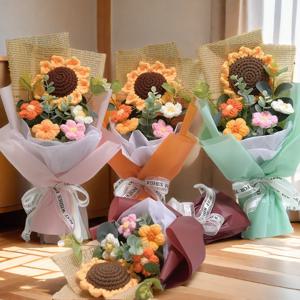 1개 크로셰 꽃다발, 에펀 핸드메이드 해바라기 데이지 꽃다발 발렌타인데이 기념일 결혼식 어머니날 생일 선물