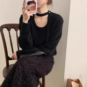 그레이 니트 스웨터 여성용 봄 가을 넥 홀터넥 패션 이너웨어 베이스탑 루즈핏 긴팔 라운드넥