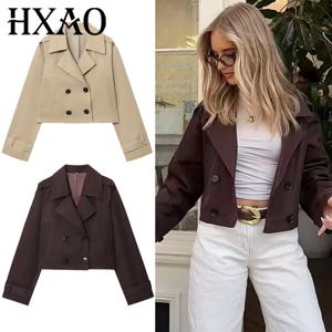 HXAO 여성용 윈드 브레이커 가을 초콜릿 브라운 크롭 트렌치 코트 오버 사이즈 긴 소매 코트 더블 브레스트 자켓 겉옷