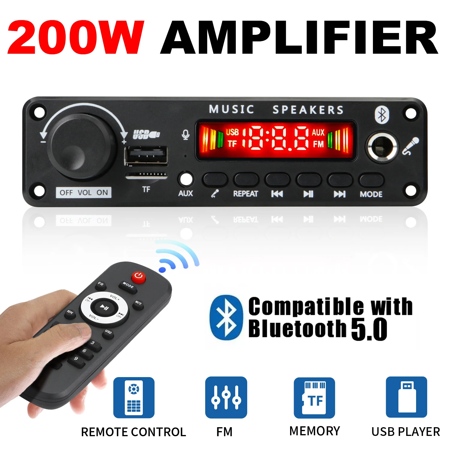 새로운 200W 증폭기 블루투스 DIY MP3 WAV 디코더 보드 DC 12V 100W 무선 자동차 USB MP3 플레이어 TF 카드 슬롯 USB FM 마이크
