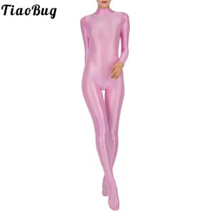 여성 광택 전신 점프 슈트 체육관 요가 스타킹 Rompers 모의 목 긴 소매 발 원피스 점프 슈트 Clubwear Sportwear
