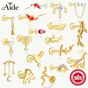 보좌관 1PC 925 스털링 실버 럭키 레드 잉어 피어싱 귀걸이 여성을위한 기하학 체인 지르콘 귀 뼈 스터드 귀걸이 파인 쥬얼리