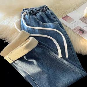 하이웨이스트 기모 와이드 레그 팬츠 여성 캐주얼 청바지 봄 가을 플러스 사이즈 루즈핏 드레이핑 블루 데님 트라우저