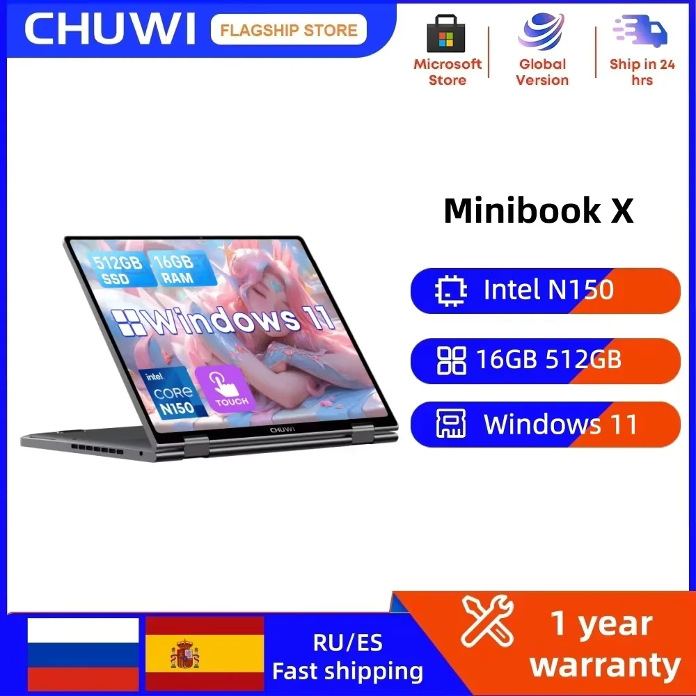 CHUWI 미니북 X 인텔 N150 2-in-1 태블릿 노트북 16GB LPDDR5 512GB SSD 10.51인치 2K FHD WiFi6 BT5.2 초슬림 터치스크린 노트북
