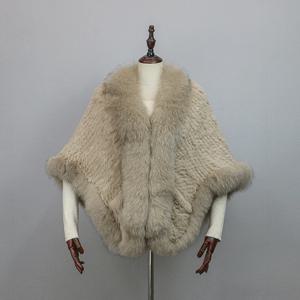 여성용 100% 리얼 토끼털 케이프, 여우털 칼라 겨울용 따뜻한 니트 망토, 토끼털 판초, 여성 파티 패션 숄 스카프
