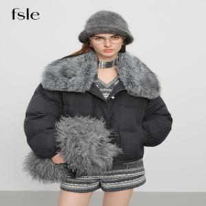 FSLE【프리미엄 시리즈】여성용 다운 재킷 2025 신상 겨울 울 혼방 탈부착 가능한 퍼 칼라 따뜻한 코트 경량 패딩 아우터웨어