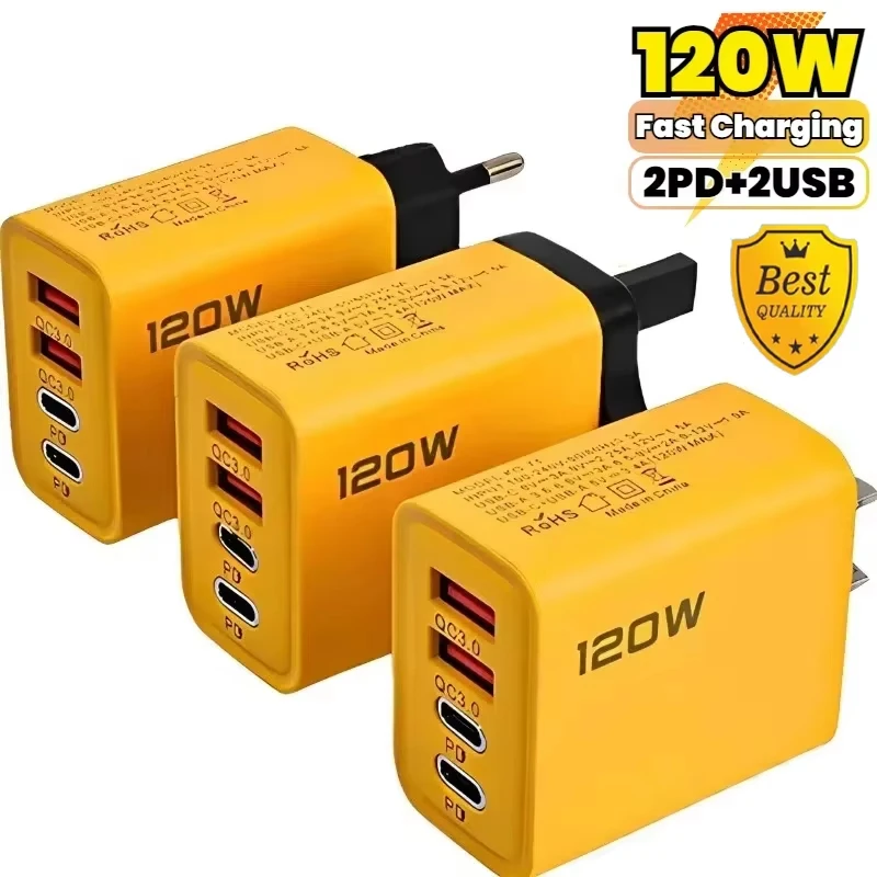 총 120W 고속 충전 PD USB 타입-C 벽면 어댑터 (아이폰 16/15/14, 샤오미, 화웨이, 레드미, 원플러스용) - 다중 기기용 고속 충전기