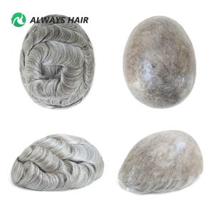 6인치 인도산 인모 남성용 부분 가발, 자연스러운 12-14 폴리스킨 회색 인모 모발 보철