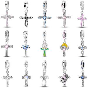 오리지널 925 스털링 실버 참 비즈 클래식 하라엘루야 종교 십자가 펜던트 여성용 DIY 팔찌 참 장신구