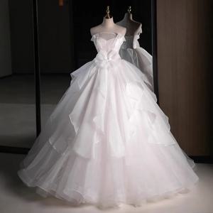 2026 여성용 신상 스윗 화이트 웨딩 브라이덜 스트랩리스 웨딩드레스 이브닝드레스 패셔너블 페어리 연회 그랜드 디스플레이 드레스