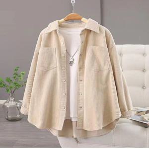 한국 스타일 코듀로이 셔츠 재킷 여성용 봄 가을 신상 루즈핏 중간 길이 스트라이프 벨벳 오픈 가디건 탑