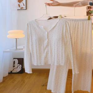 꽃무늬 순면 나이트가운 여성용 니트 긴팔 긴바지 세트 홈웨어 봄 가을 신상 가슴 패드 포함