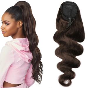 # 2 다크 브라운 바디 웨이브 드로스트링 포니테일 인간 헤어 익스텐션 랩 어라운드 드로스트링 포니테일 클립 헤어 익스텐션 버진