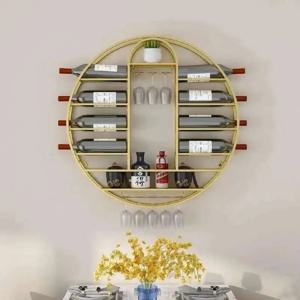 북유럽 스타일 원형 벽걸이 와인랙 가정용 수납랙 와인잔 홀더 포함 모던 바 가구 고급 골드 철제 와인 캐비닛