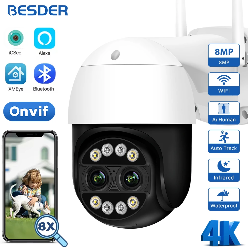 4K 8MP PTZ WiFi 카메라 8X 디지털 줌 AI 사람/동물/차량 감지 야외 CCTV 감시 카메라 4MP 보안 IP 카메라
