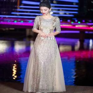 여성용 우아한 이브닝 가운, 세련된 미드웨이스트 플로어 기장 폴리에스터 드레스 (웨딩, 회사 연말 파티, 공연용)