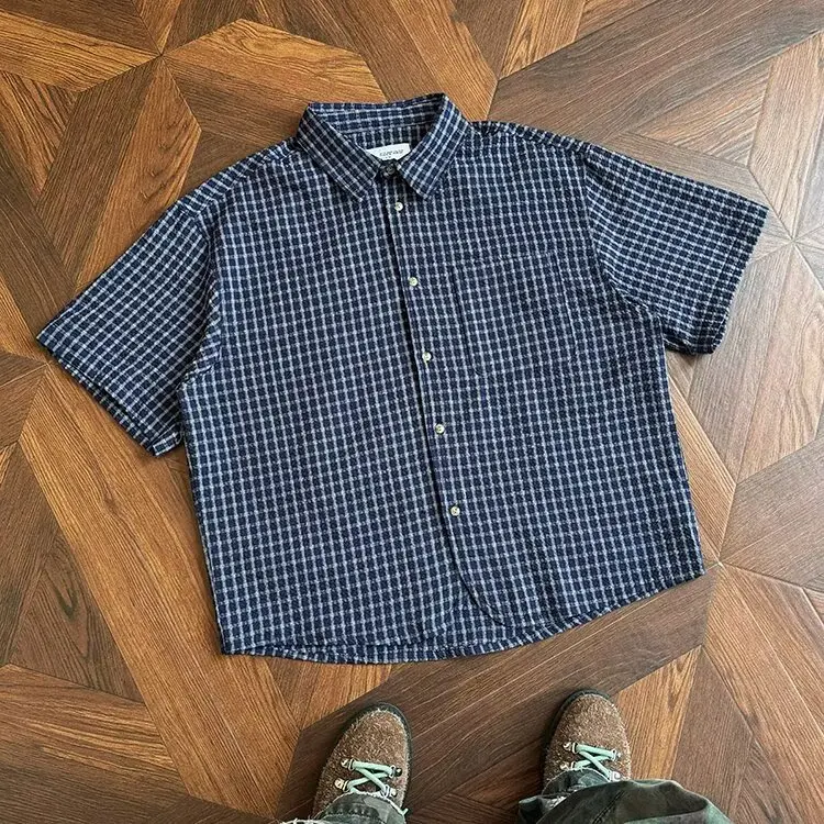 여름 반팔 와이드핏 셔츠 남성 학생 레트로 체크 셔츠 커플 상의 클린핏 트렌디 루즈핏 셔츠 청소년 인기 여름 얇은 모델