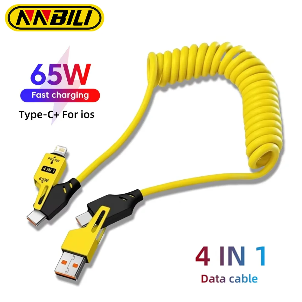 NNBILI 4 in 1 65W 스프링 숏 데이터 케이블 6A USB C타입 스프링 텔레스코픽 고속 충전 케이블 아이폰 15 14 13 11용